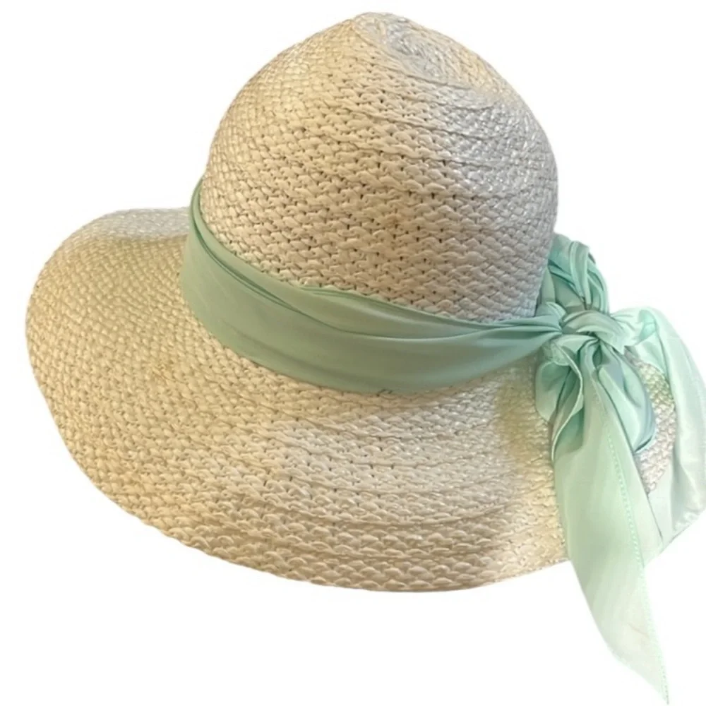White straw hat spring , summer with mint green scarf attached